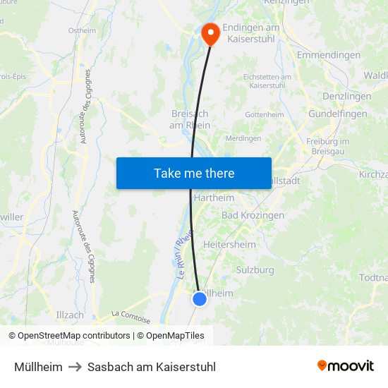 Müllheim to Sasbach am Kaiserstuhl map