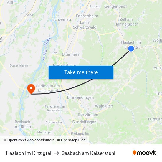 Haslach Im Kinzigtal to Sasbach am Kaiserstuhl map