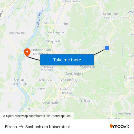 Elzach to Sasbach am Kaiserstuhl map