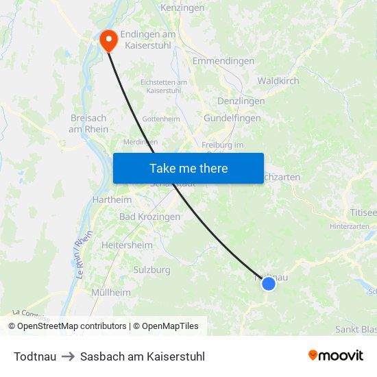 Todtnau to Sasbach am Kaiserstuhl map