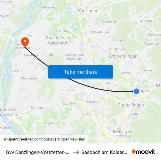 Gvv Denzlingen-Vörstetten-Reute to Sasbach am Kaiserstuhl map