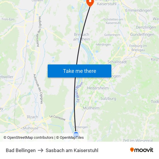 Bad Bellingen to Sasbach am Kaiserstuhl map