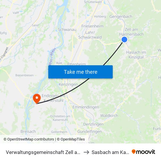 Verwaltungsgemeinschaft Zell am Harmersbach to Sasbach am Kaiserstuhl map