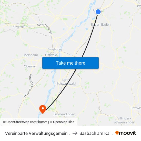Vereinbarte Verwaltungsgemeinschaft Rastatt to Sasbach am Kaiserstuhl map