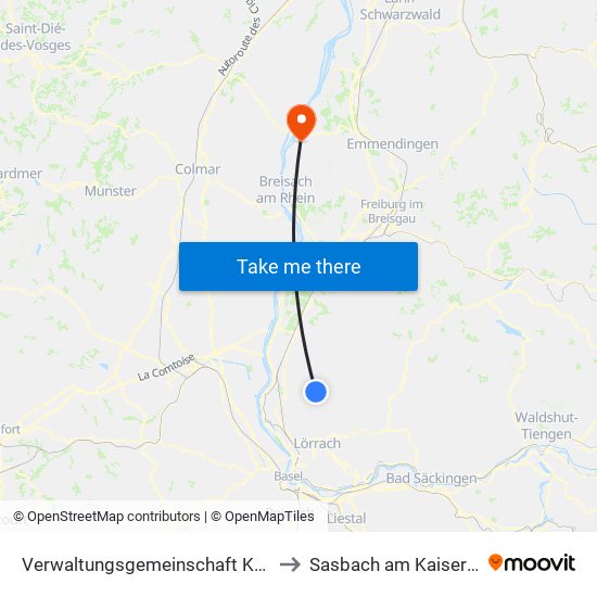 Verwaltungsgemeinschaft Kandern to Sasbach am Kaiserstuhl map