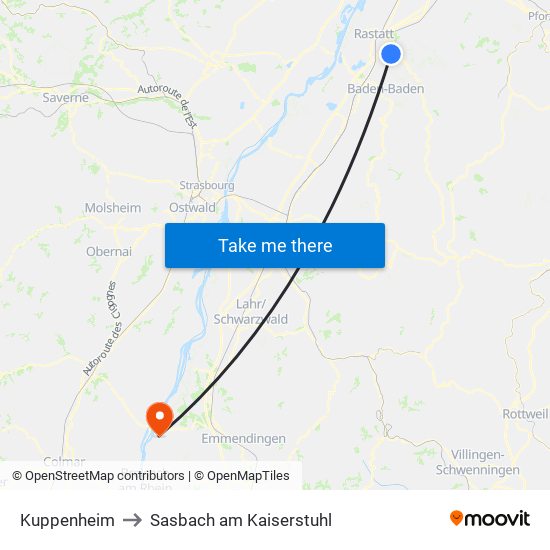 Kuppenheim to Sasbach am Kaiserstuhl map