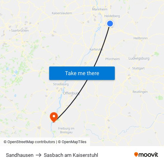 Sandhausen to Sasbach am Kaiserstuhl map