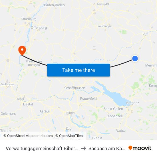 Verwaltungsgemeinschaft Biberach An Der Riß to Sasbach am Kaiserstuhl map