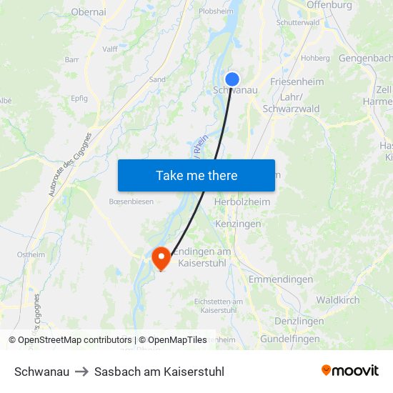 Schwanau to Sasbach am Kaiserstuhl map