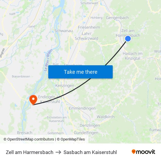 Zell am Harmersbach to Sasbach am Kaiserstuhl map