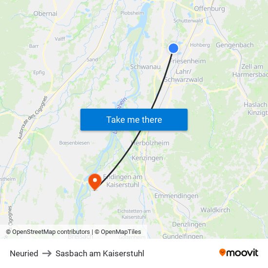 Neuried to Sasbach am Kaiserstuhl map