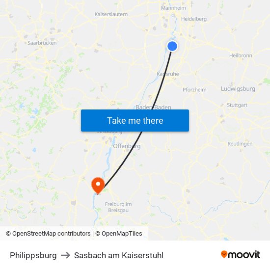 Philippsburg to Sasbach am Kaiserstuhl map