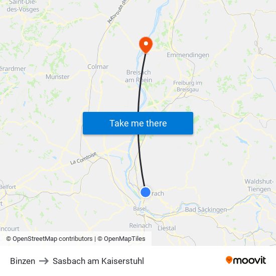 Binzen to Sasbach am Kaiserstuhl map