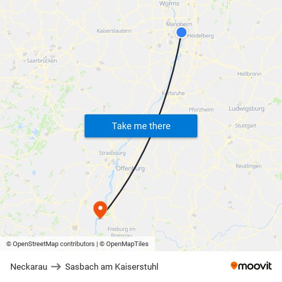 Neckarau to Sasbach am Kaiserstuhl map