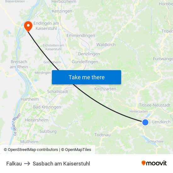 Falkau to Sasbach am Kaiserstuhl map