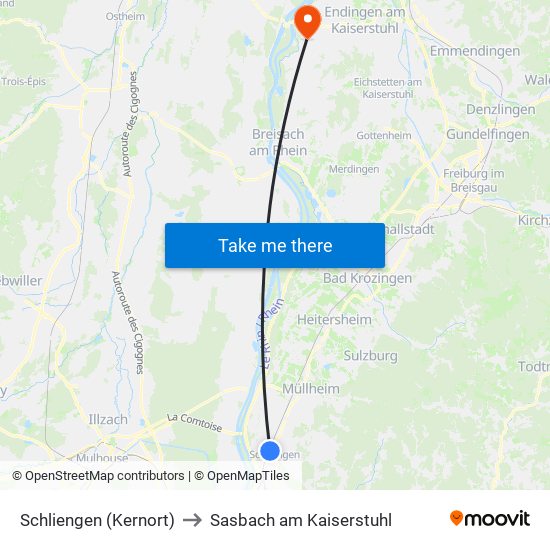 Schliengen (Kernort) to Sasbach am Kaiserstuhl map