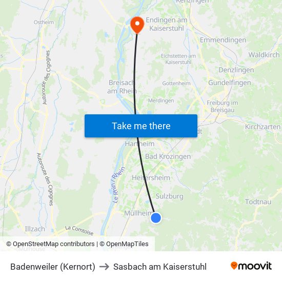 Badenweiler (Kernort) to Sasbach am Kaiserstuhl map