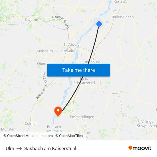 Ulm to Sasbach am Kaiserstuhl map