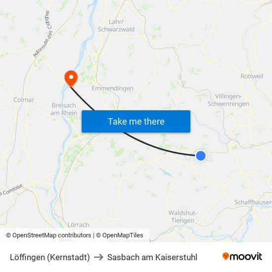 Löffingen (Kernstadt) to Sasbach am Kaiserstuhl map