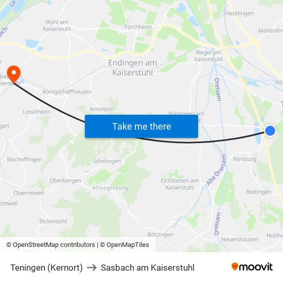 Teningen (Kernort) to Sasbach am Kaiserstuhl map