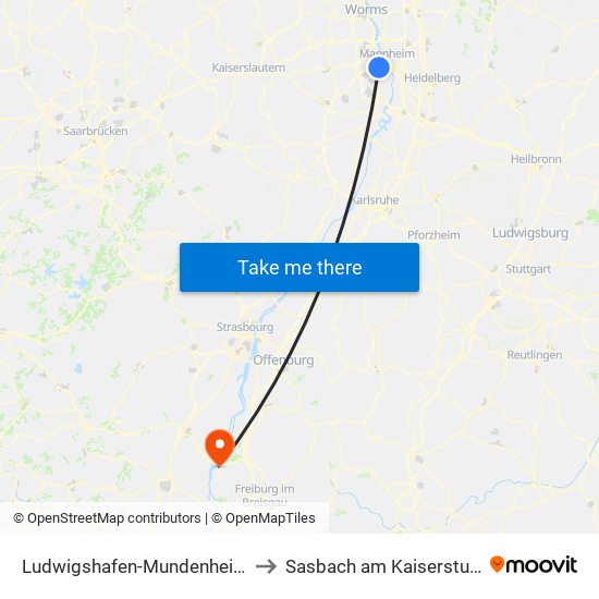 Ludwigshafen-Mundenheim to Sasbach am Kaiserstuhl map