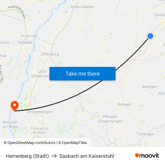 Herrenberg (Stadt) to Sasbach am Kaiserstuhl map