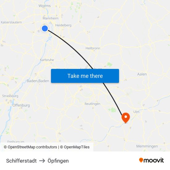 Schifferstadt to Öpfingen map