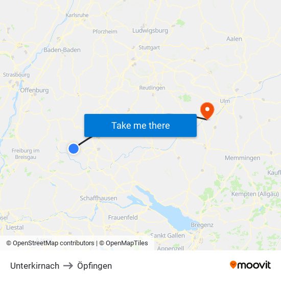 Unterkirnach to Öpfingen map