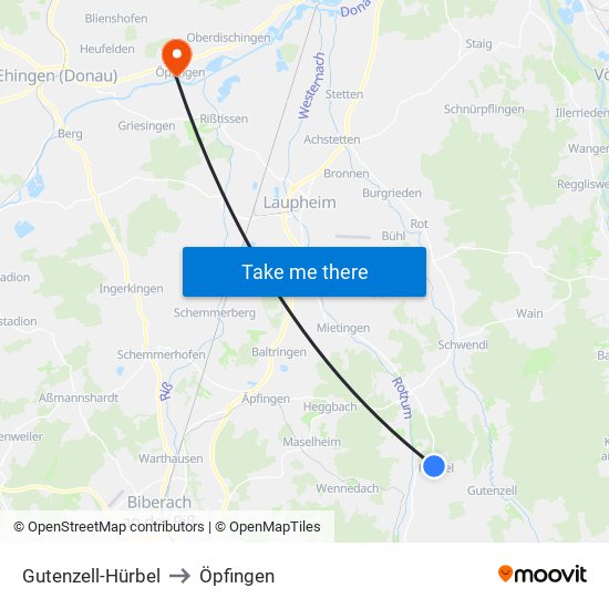 Gutenzell-Hürbel to Öpfingen map