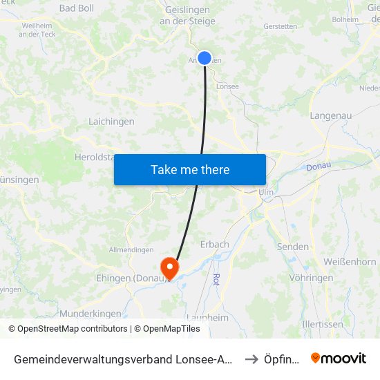 Gemeindeverwaltungsverband Lonsee-Amstetten to Öpfingen map