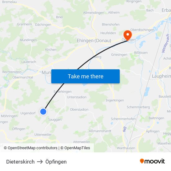 Dieterskirch to Öpfingen map