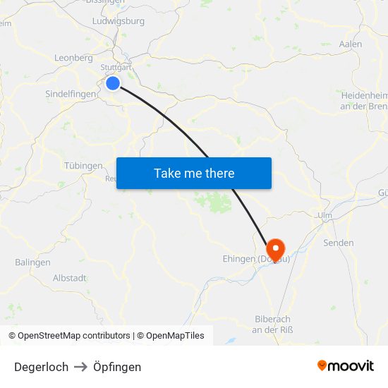 Degerloch to Öpfingen map
