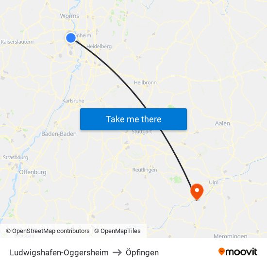 Ludwigshafen-Oggersheim to Öpfingen map