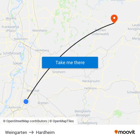 Weingarten to Hardheim map