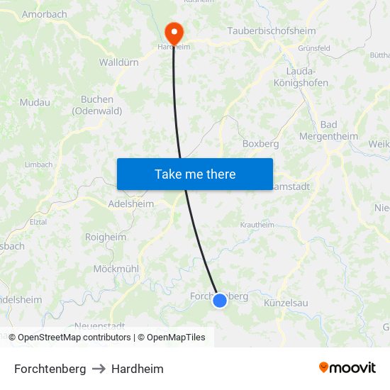 Forchtenberg to Hardheim map