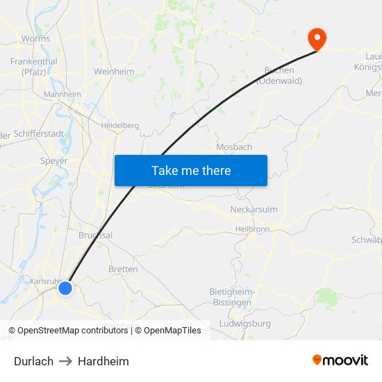 Durlach to Hardheim map
