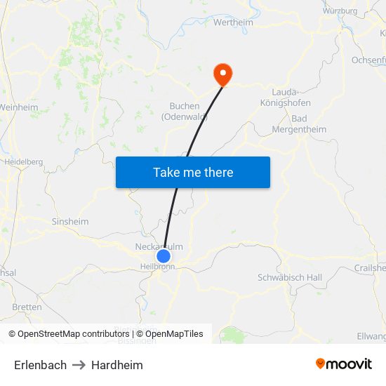 Erlenbach to Hardheim map