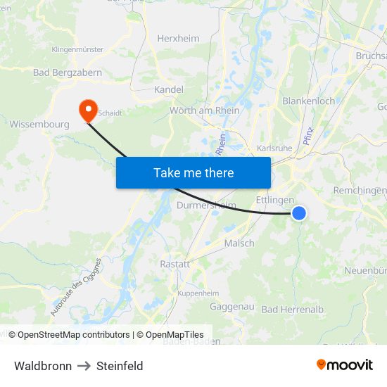 Waldbronn to Steinfeld map