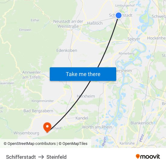 Schifferstadt to Steinfeld map