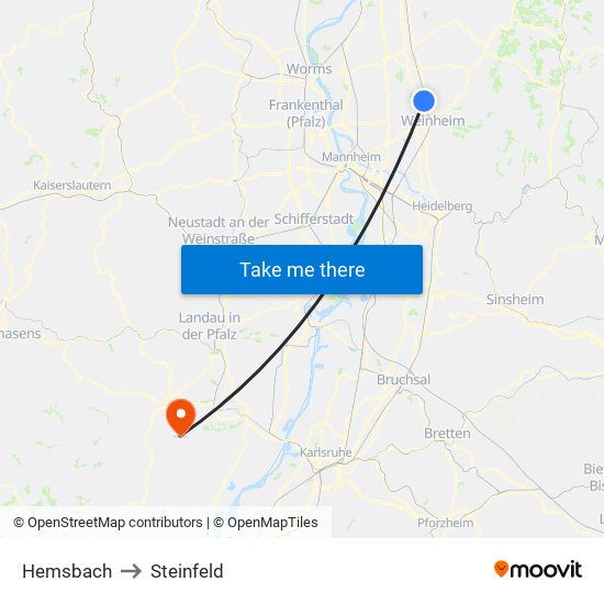 Hemsbach to Steinfeld map