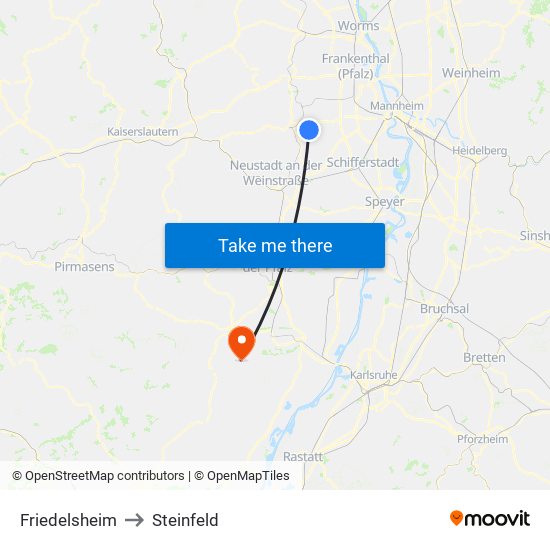 Friedelsheim to Steinfeld map