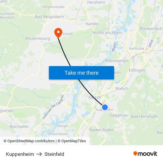 Kuppenheim to Steinfeld map