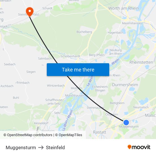 Muggensturm to Steinfeld map
