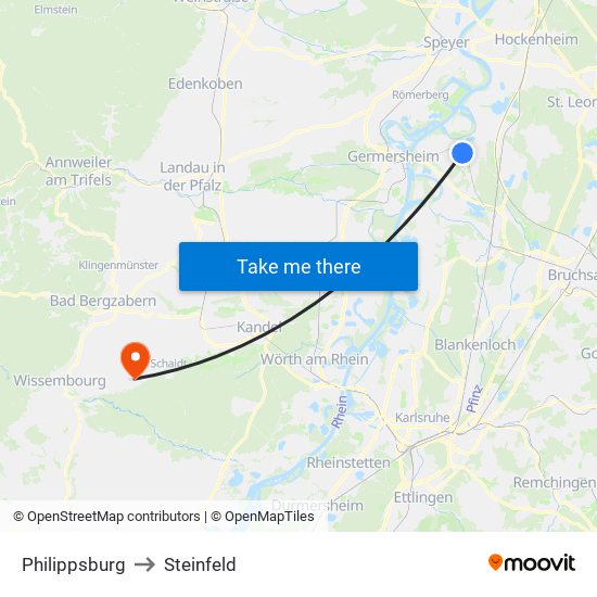 Philippsburg to Steinfeld map