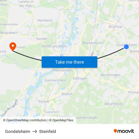 Gondelsheim to Steinfeld map