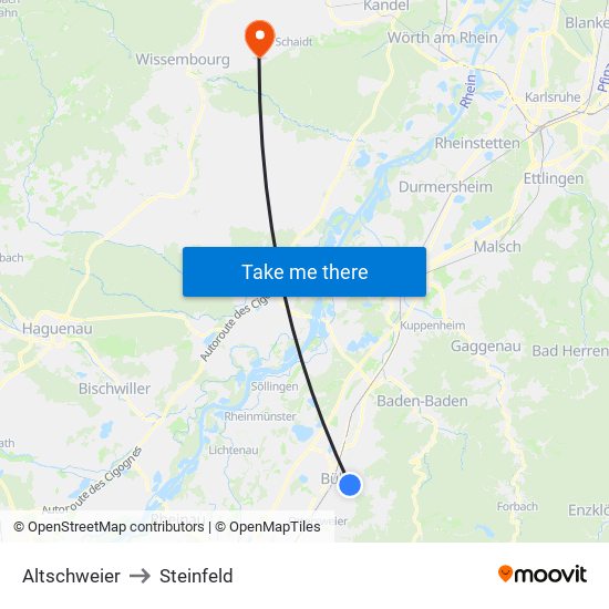 Altschweier to Steinfeld map