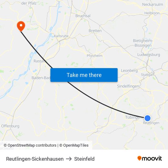 Reutlingen-Sickenhausen to Steinfeld map