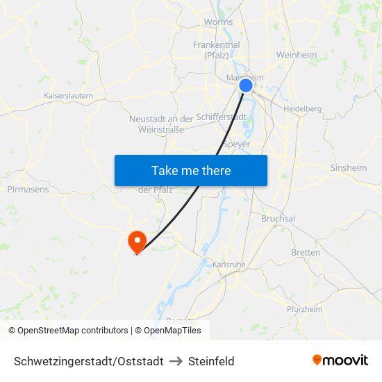Schwetzingerstadt/Oststadt to Steinfeld map