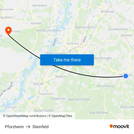 Pforzheim to Steinfeld map