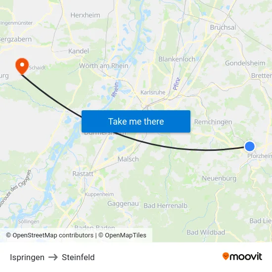 Ispringen to Steinfeld map